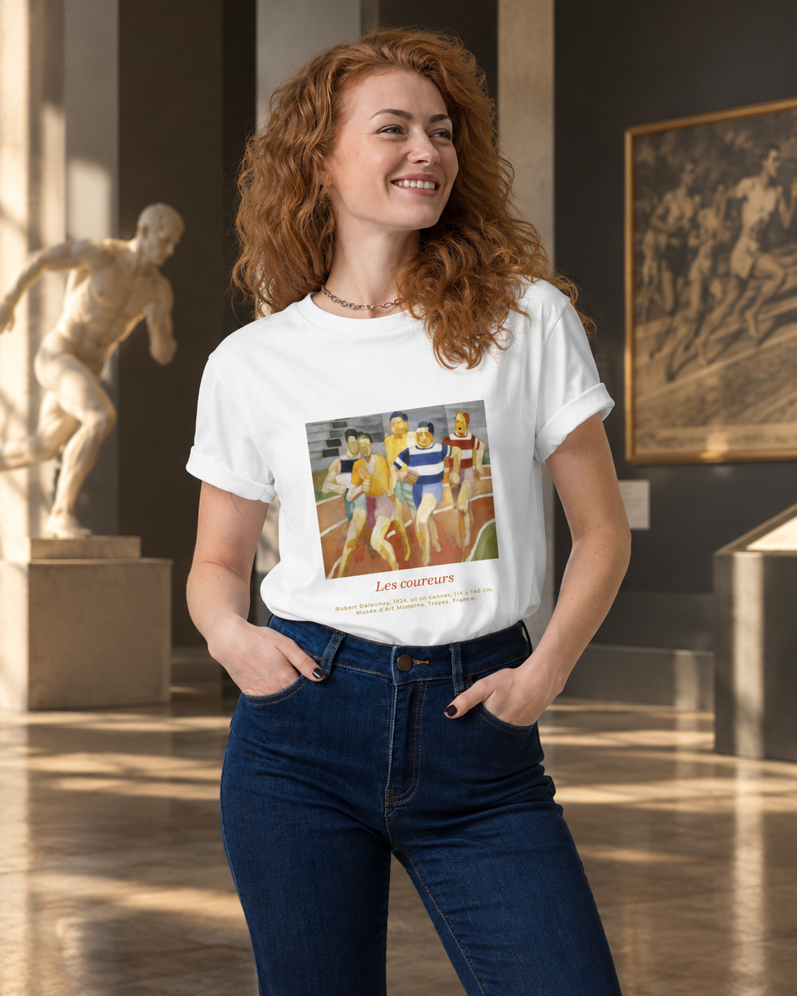 Collection Athlétisme Euphron : t-shirt Les Coureurs de Robert Delaunay porté dans un musée dédié à l'athlétisme