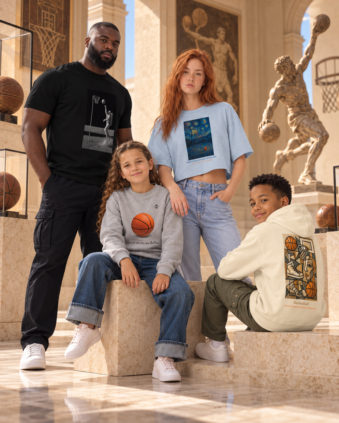 Collection Basketball Euphron : mannequins portant des vêtements Euphron inspirés de l'art dans un musée dédié au basketball