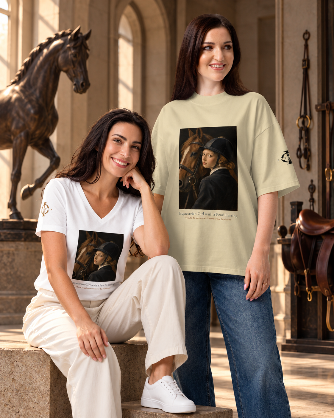 Collection Équitation Euphron : vêtements La Cavalière à la perle, hommage à Vermeer, portés dans un musée dédié à l'équitation
