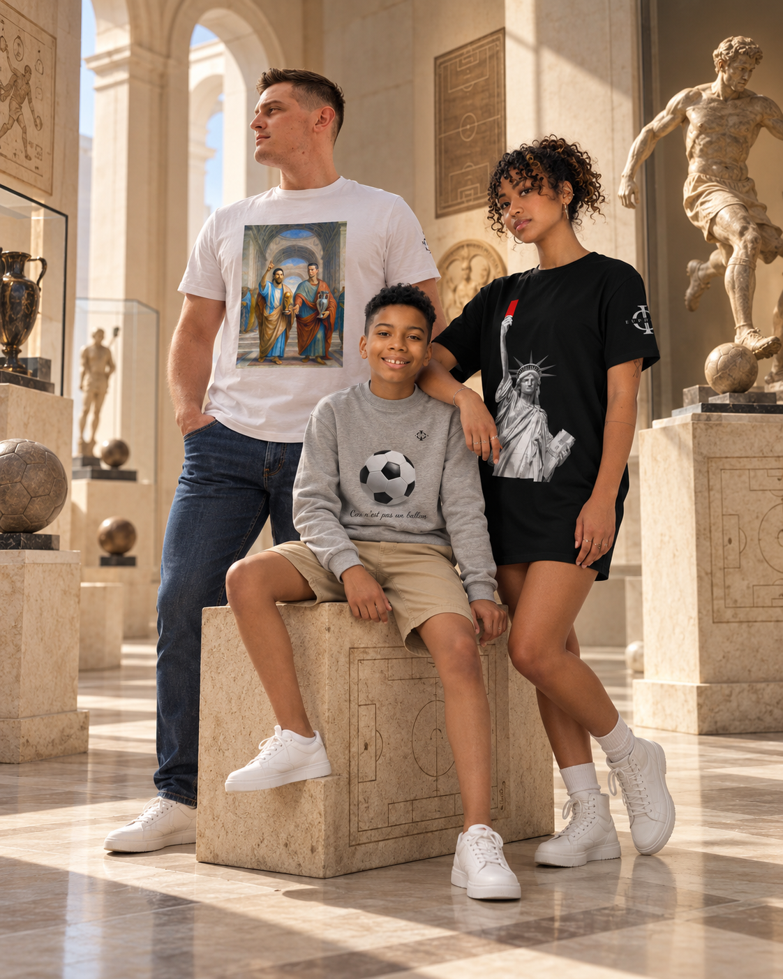 Collection Football Euphron : T-shirt Messi et Ronaldo, robe T-shirt Liberty's Red Card et sweat enfant Ceci n'est pas un ballon dans un musée dédié au football