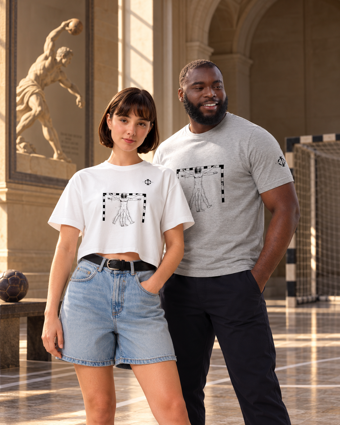 Collection Handball Euphron : crop top blanc et T-shirt gris The Vitruvian Handball Goalkeeper dans un musée dédié au handball