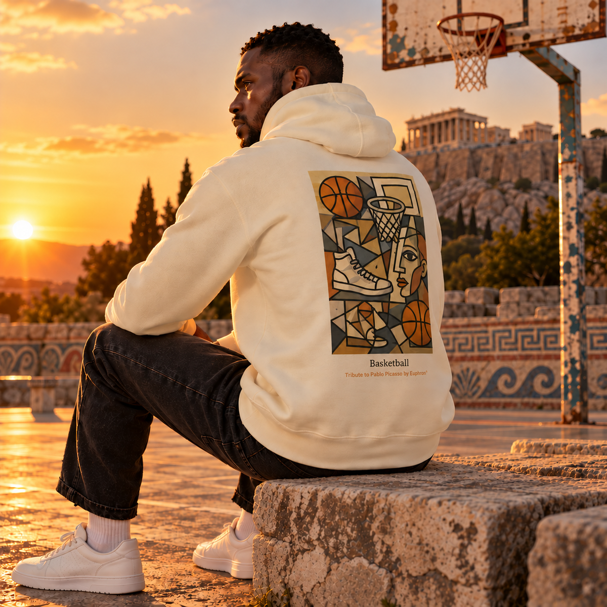 Collection Hoodies Euphron : hoodie ivoire Basketball, Picasso style porté sur un playground au pied d'un temple grec au coucher du soleil
