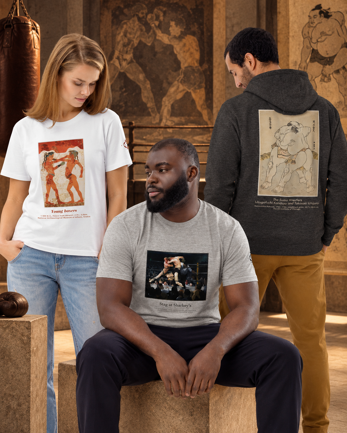 Collection Sports de combat Euphron : vêtements Euphron inspirés des œuvres sur la boxe, la lutte et le sumo, portés dans un musée dédié aux sports de combat