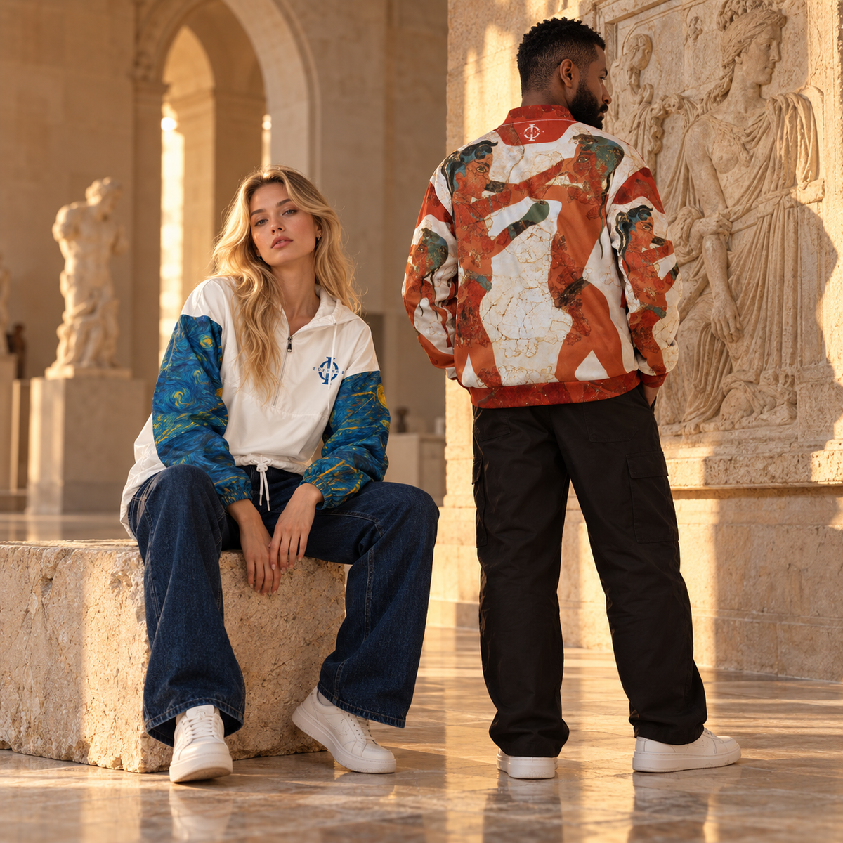 Collection Vestes Euphron : bomber Young Boxers of Akrotiri et coupe-vent femme Basketball Playground Under The Starry Night portés dans un musée sous une arche antique