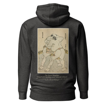 Hoodie - The sumo wrestlers Uzugafuchi Kandayu and Takasaki Ichijuro, Hokusai - Gris