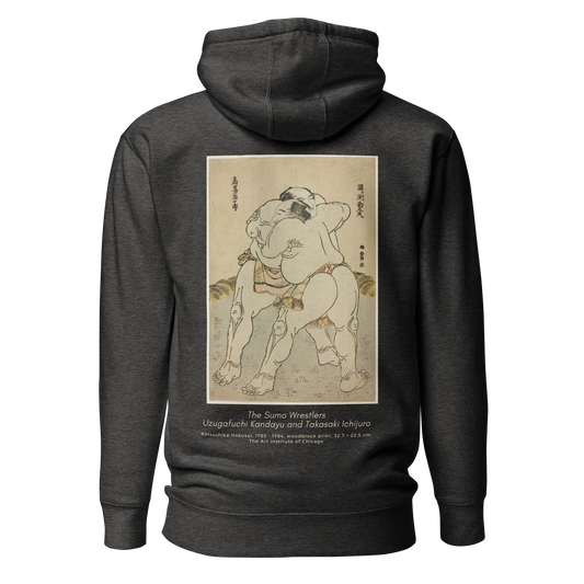 Hoodie - The sumo wrestlers Uzugafuchi Kandayu and Takasaki Ichijuro, Hokusai - Gris