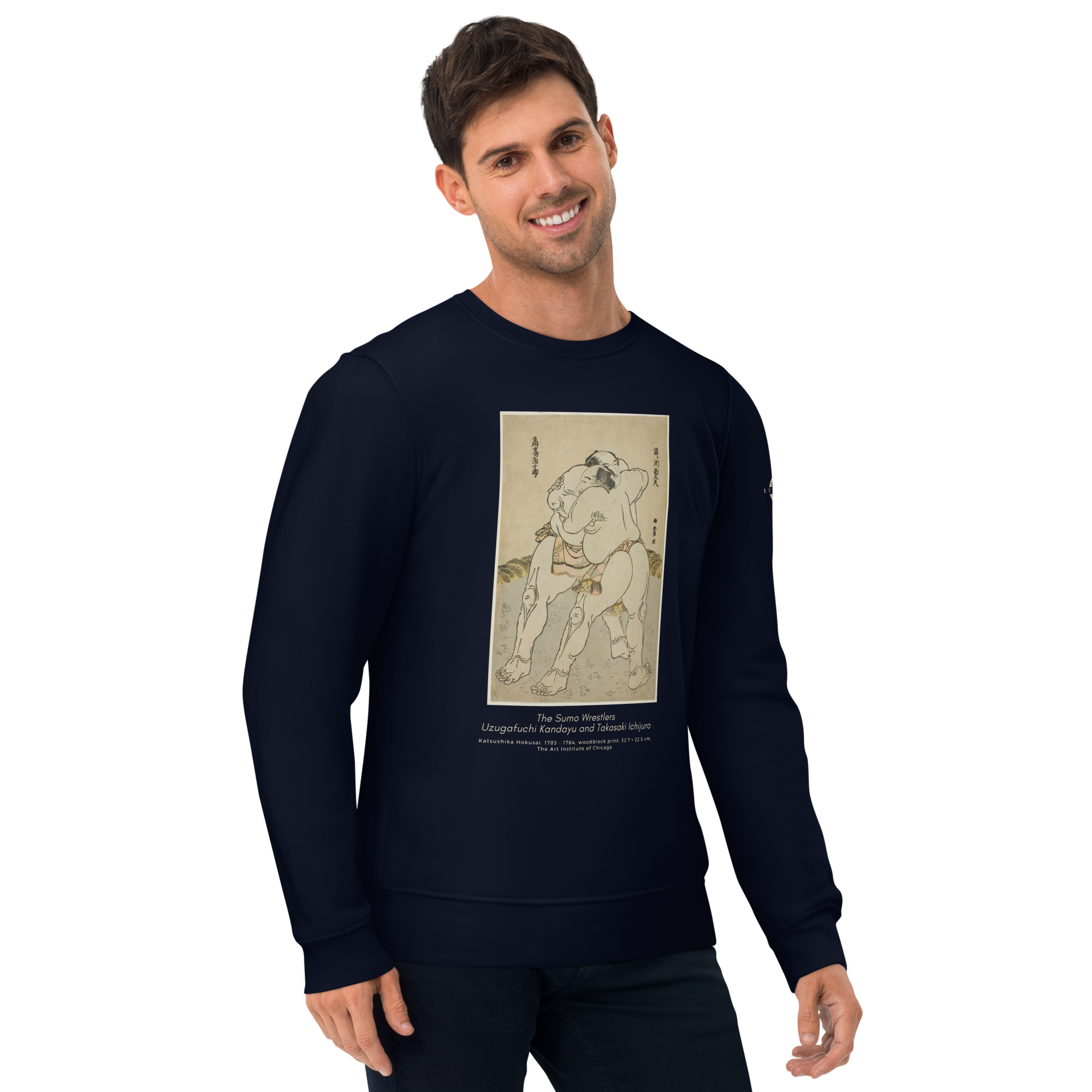 Sweatshirt - The sumo wrestlers Uzugafuchi Kandayu and Takasaki Ichijuro, Hokusai - Bleu marine Euphron Store