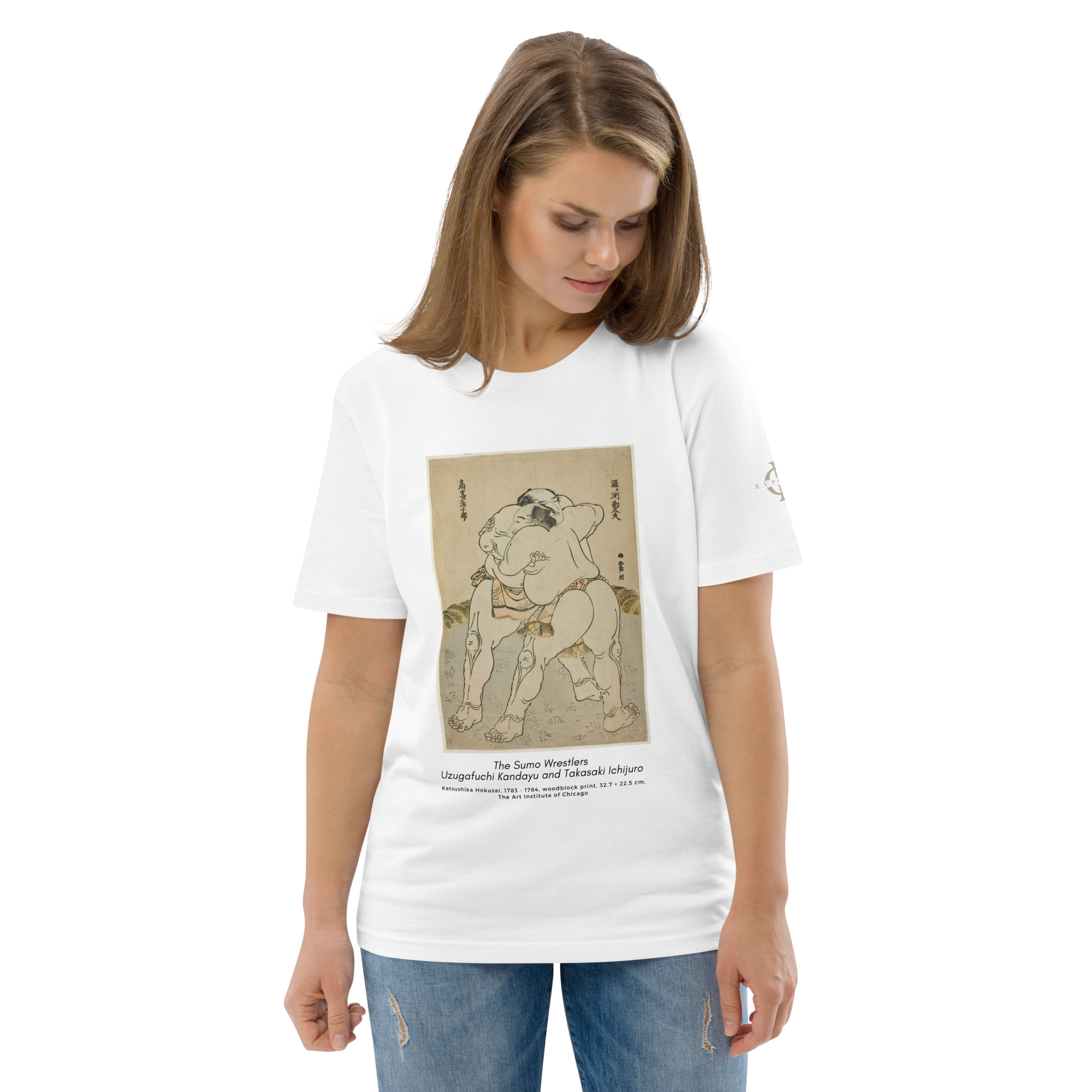 T-shirt - The sumo wrestlers Uzugafuchi Kandayu and Takasaki Ichijuro, Hokusai - Blanc Euphron Store
