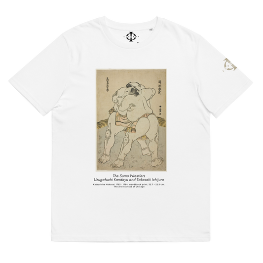 T-shirt - The sumo wrestlers Uzugafuchi Kandayu and Takasaki Ichijuro, Hokusai - Blanc