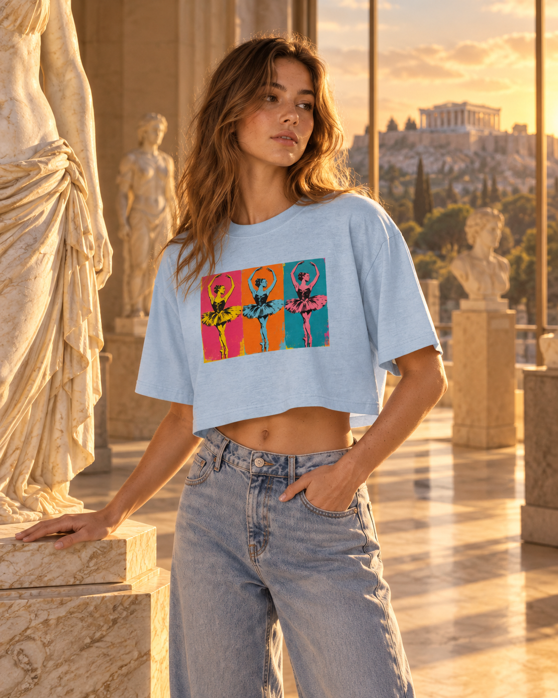 Collection Femme Euphron : crop top oversize Les Ballerines - Pop-Art porté dans un musée avec vue sur un temple grec