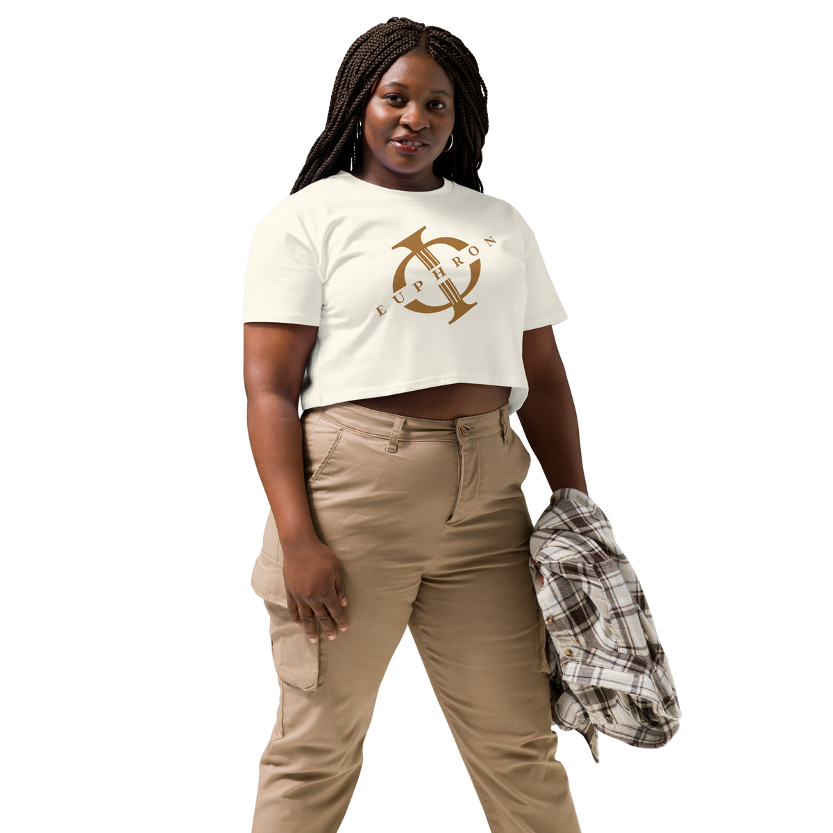 Crop top Euphron « Euphron Diagonal », coloris beige : logo Euphron posé en diagonale – vue de face
