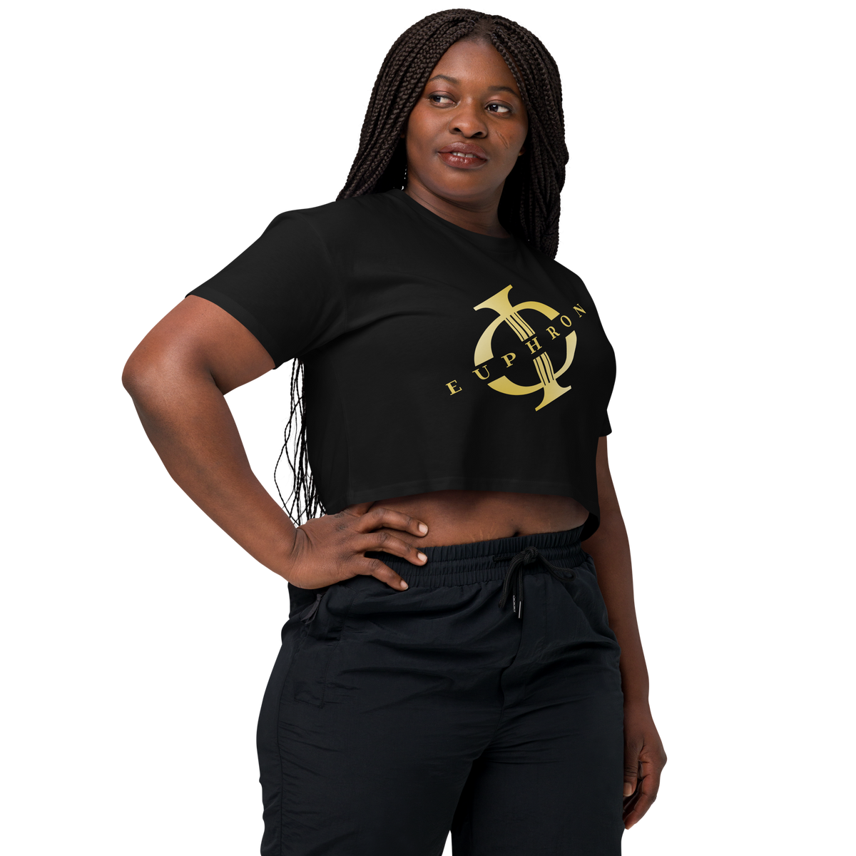 Crop top Euphron « Euphron Diagonal », coloris or et noir : logo Euphron posé en diagonale – vue de trois quarts