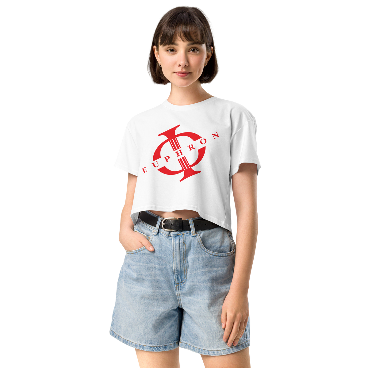 Crop top Euphron « Euphron Diagonal », coloris rouge et blanc : logo Euphron posé en diagonale – vue de face
