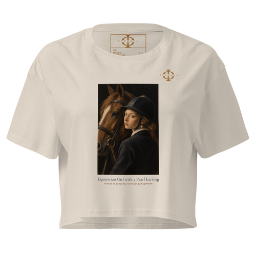 Crop top Euphron « La Cavalière à la perle », coloris ivoire : La Jeune Fille à la perle de Vermeer en cavalière – vue de face