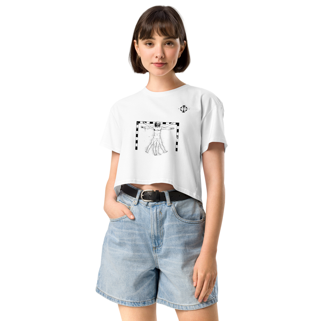 Crop top Euphron « The Vitruvian Handball Goalkeeper », coloris blanc : L'Homme de Vitruve de Léonard de Vinci en gardien de handball – vue de face