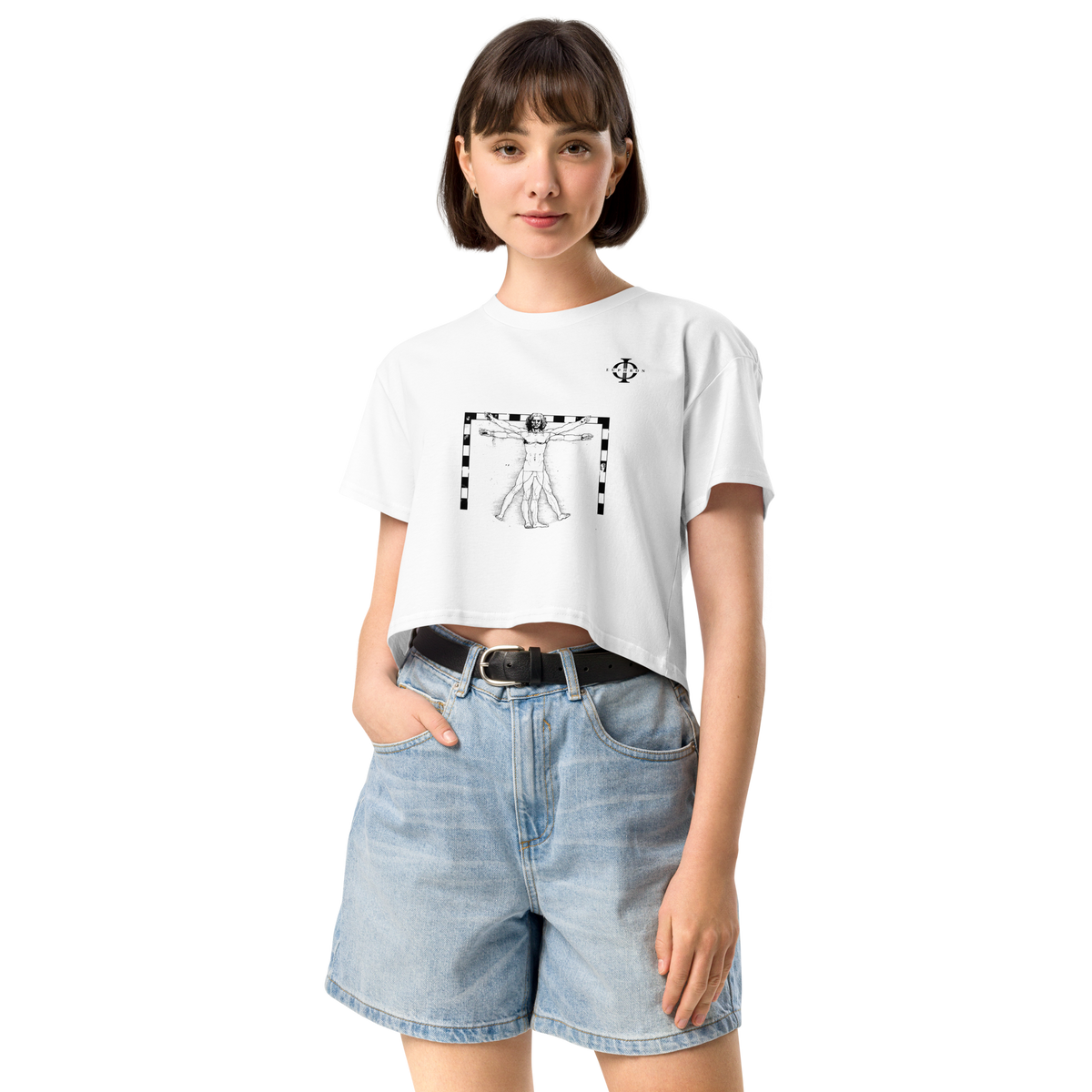 Crop top Euphron « The Vitruvian Handball Goalkeeper », coloris blanc : L'Homme de Vitruve de Léonard de Vinci en gardien de handball – vue de face