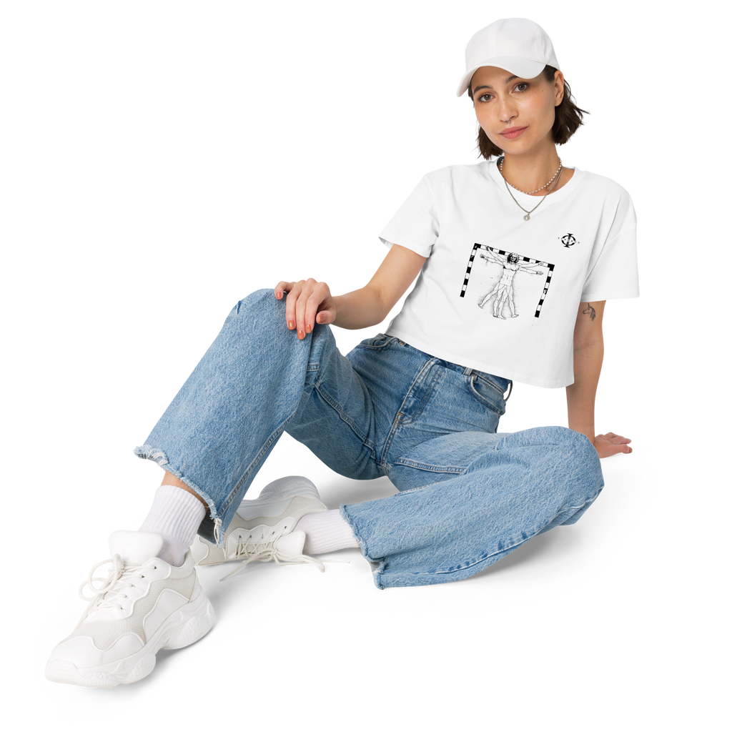 Crop top Euphron « The Vitruvian Handball Goalkeeper », coloris blanc : L'Homme de Vitruve de Léonard de Vinci en gardien de handball – vue de face