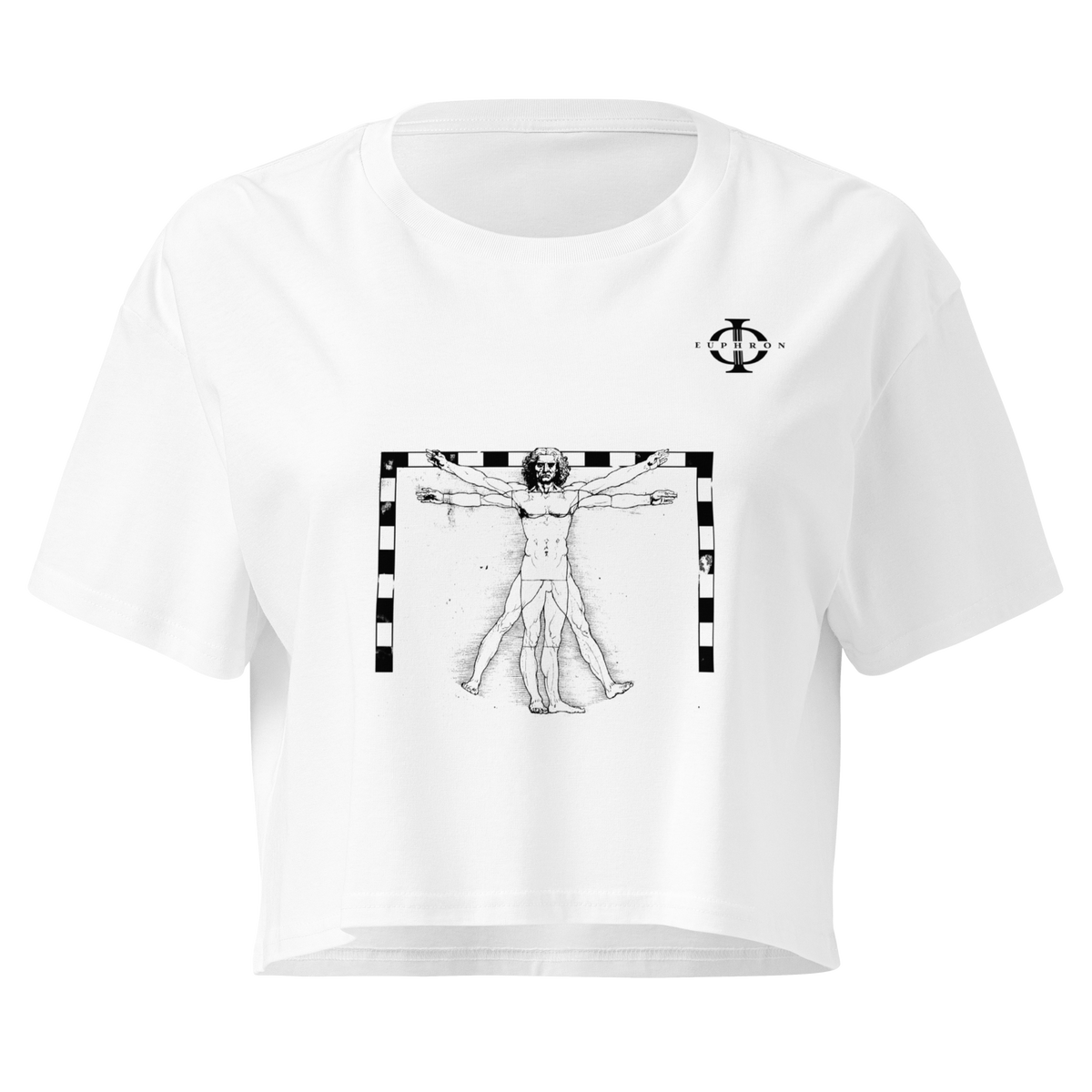 Crop top Euphron « The Vitruvian Handball Goalkeeper », coloris blanc : L'Homme de Vitruve de Léonard de Vinci en gardien de handball – vue de face