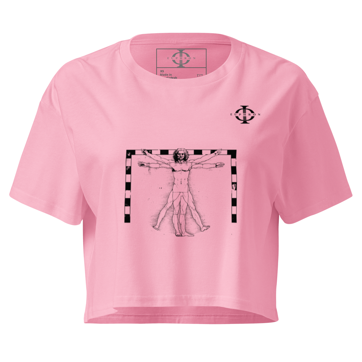 Crop top Euphron « The Vitruvian Handball Goalkeeper », coloris rose : L'Homme de Vitruve de Léonard de Vinci en gardien de handball – vue de face