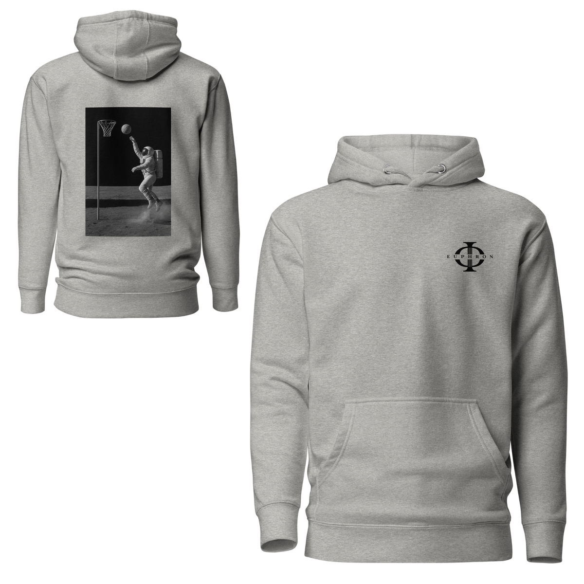 Hoodie Euphron « Basketball on the Moon », coloris gris : un astronaute qui shoote au basket sur la Lune