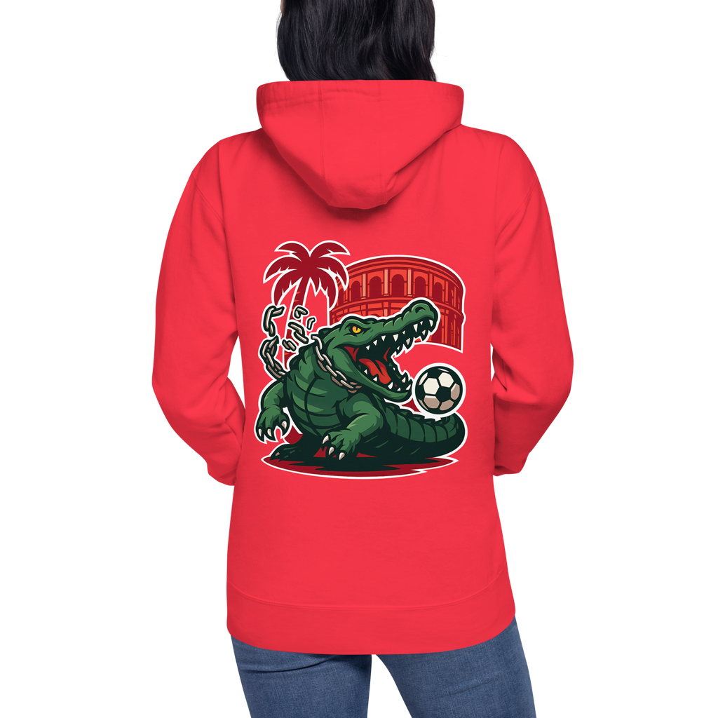 Hoodie Euphron « Crocodile Nîmois », coloris rouge : le crocodile de Nîmes revisité par Euphron – vue de dos
