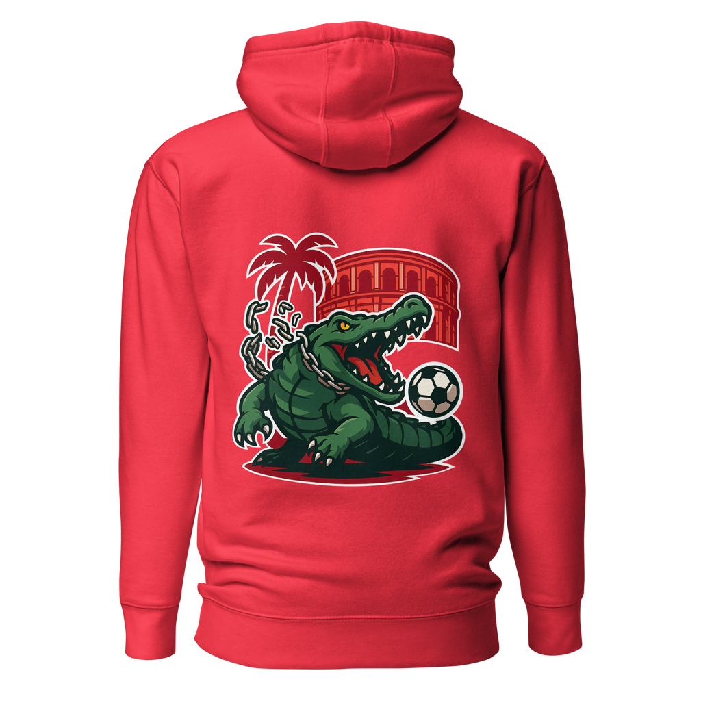 Hoodie Euphron « Crocodile Nîmois », coloris rouge : le crocodile de Nîmes revisité par Euphron – vue de dos