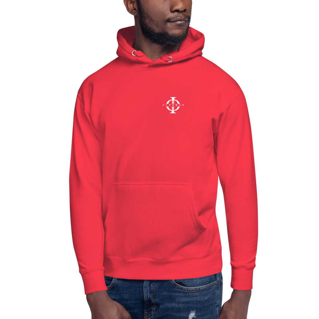 Hoodie Euphron « Crocodile Nîmois », coloris rouge : le crocodile de Nîmes revisité par Euphron – vue de face
