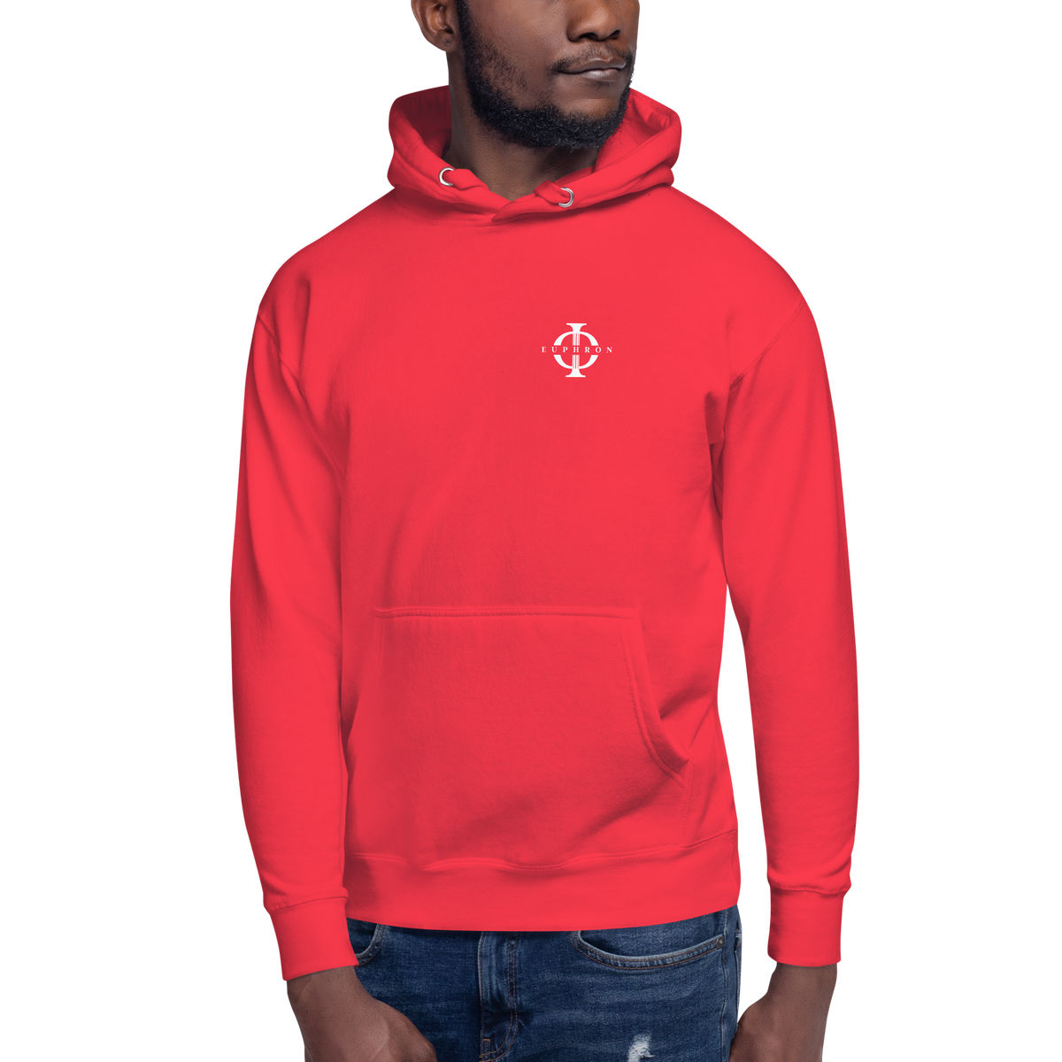 Hoodie Euphron « Crocodile Nîmois », coloris rouge : le crocodile de Nîmes revisité par Euphron – vue de face