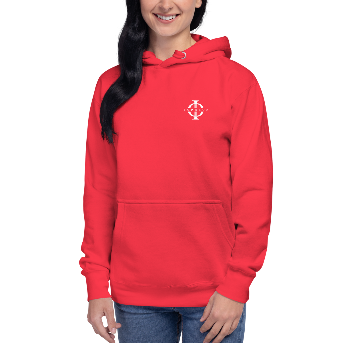 Hoodie Euphron « Crocodile Nîmois », coloris rouge : le crocodile de Nîmes revisité par Euphron – vue de face