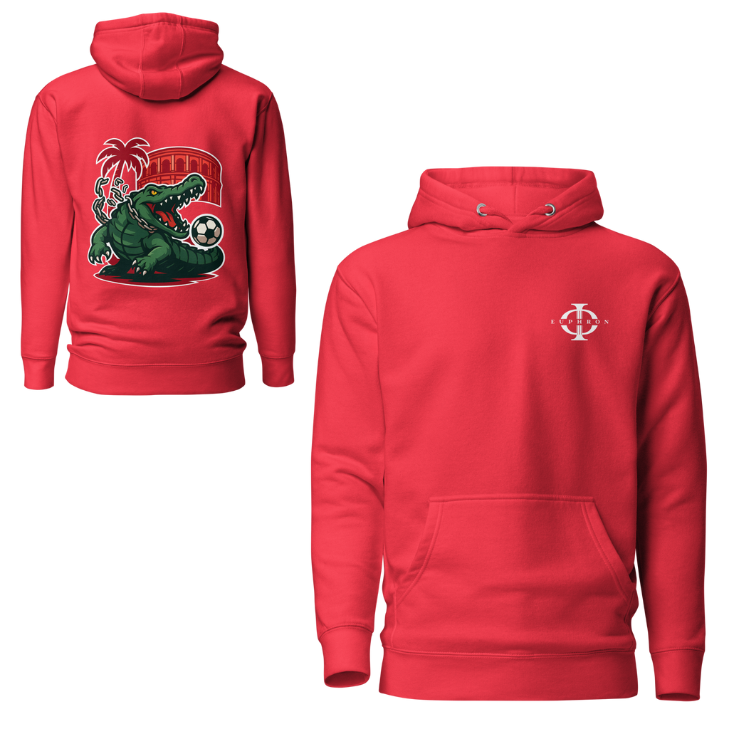 Hoodie Euphron « Crocodile Nîmois », coloris rouge : le crocodile de Nîmes revisité par Euphron