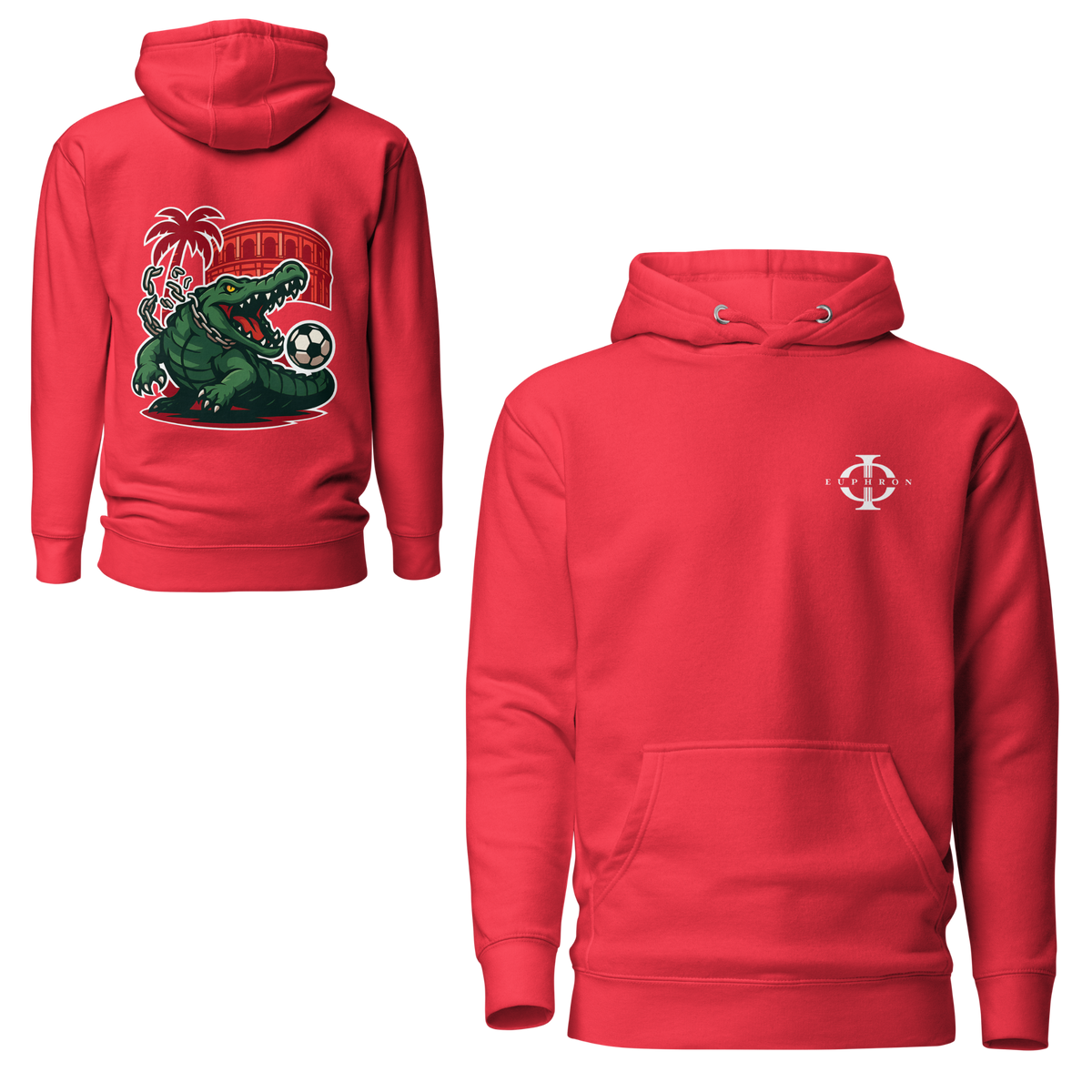 Hoodie Euphron « Crocodile Nîmois », coloris rouge : le crocodile de Nîmes revisité par Euphron