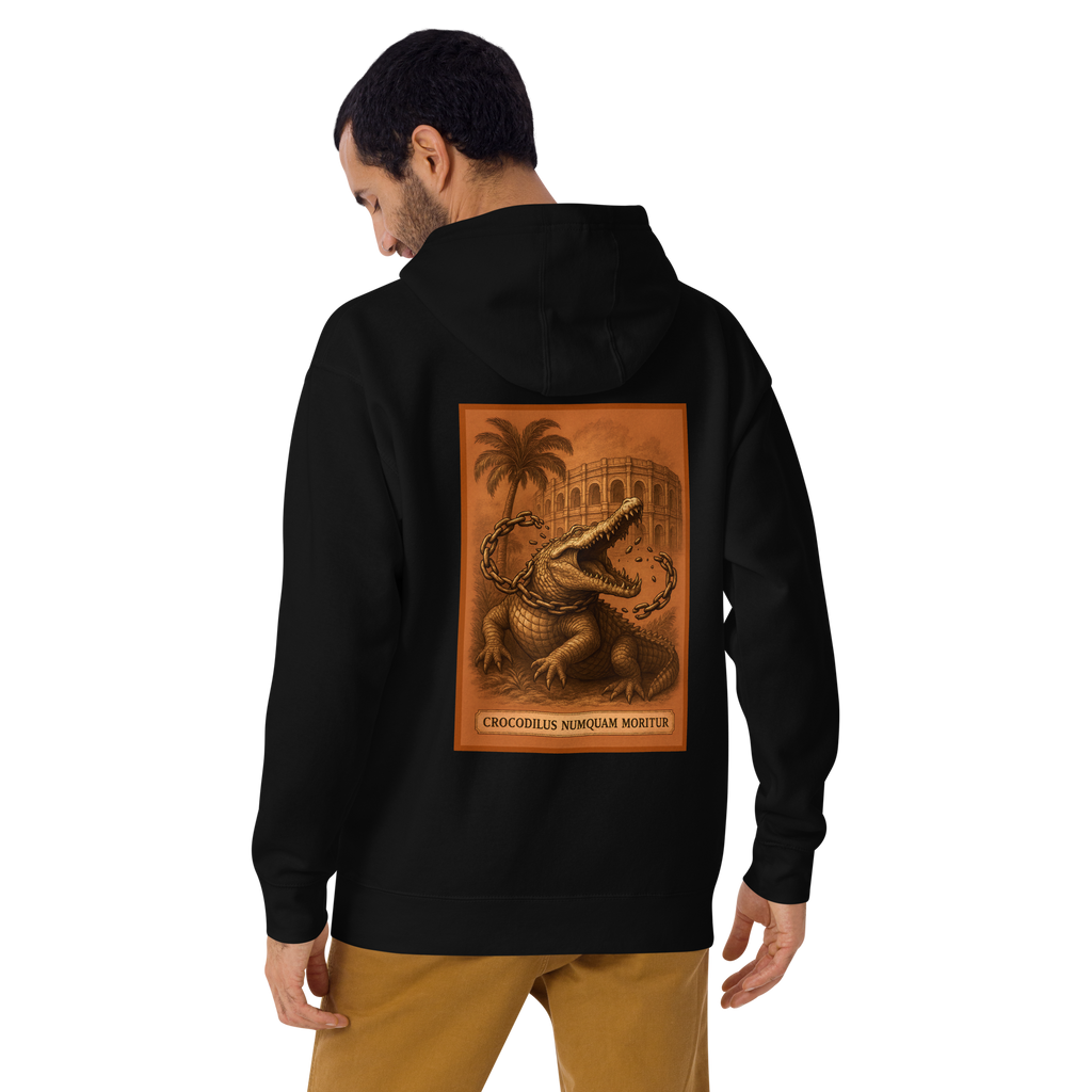 Hoodie Euphron « Crocodilus Numquam Moritur », coloris noir : le crocodile de Nîmes et la devise Crocodilus Numquam Moritur – vue de dos