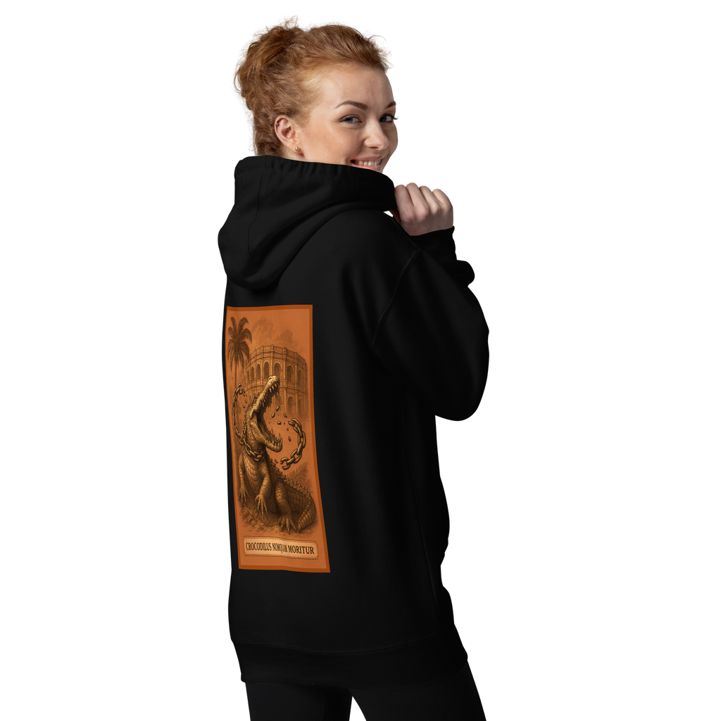 Hoodie Euphron « Crocodilus Numquam Moritur », coloris noir : le crocodile de Nîmes et la devise Crocodilus Numquam Moritur – vue de dos