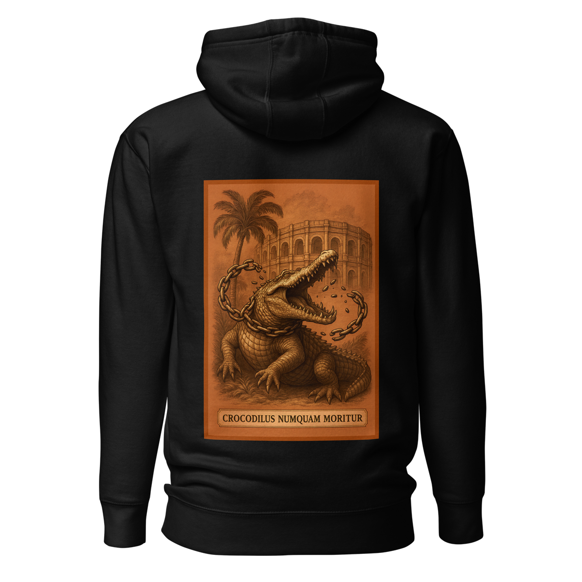 Hoodie Euphron « Crocodilus Numquam Moritur », coloris noir : le crocodile de Nîmes et la devise Crocodilus Numquam Moritur – vue de dos