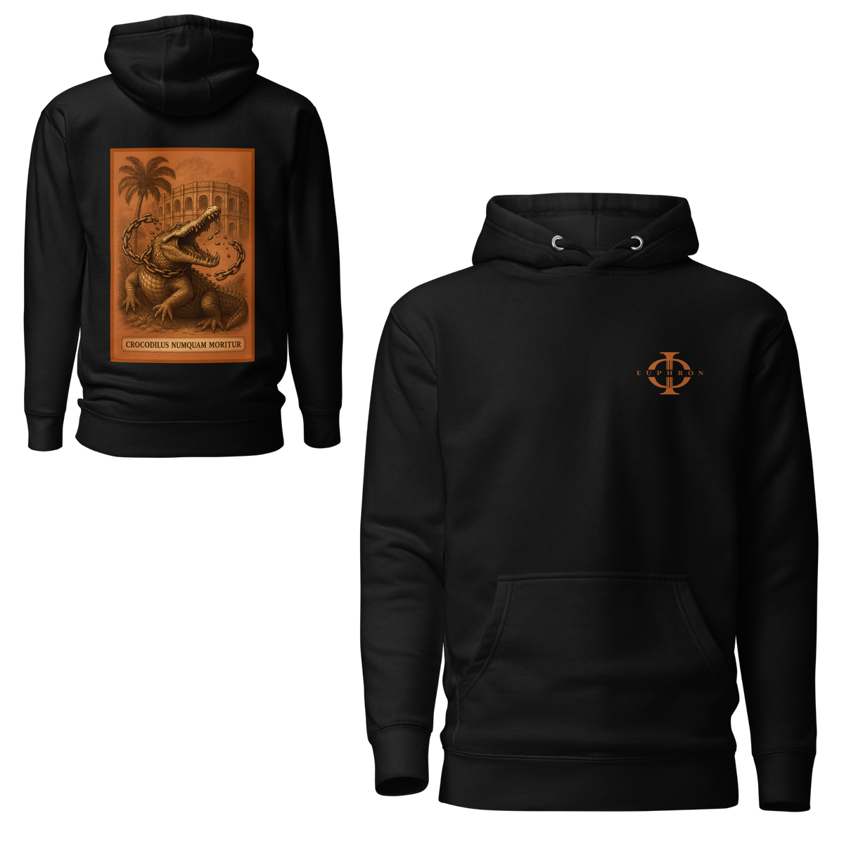 Hoodie Euphron « Crocodilus Numquam Moritur », coloris noir : le crocodile de Nîmes et la devise Crocodilus Numquam Moritur