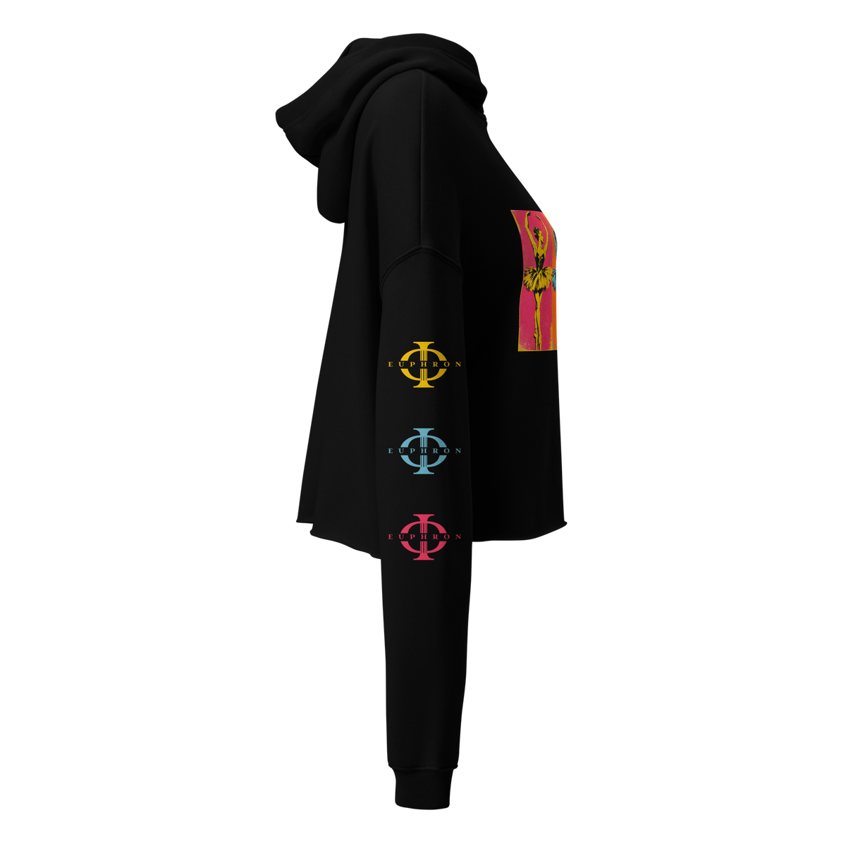 Hoodie femme Euphron « Les Ballerines - Pop-Art », coloris noir : une ballerine répétée trois fois façon pop art – vue de côté