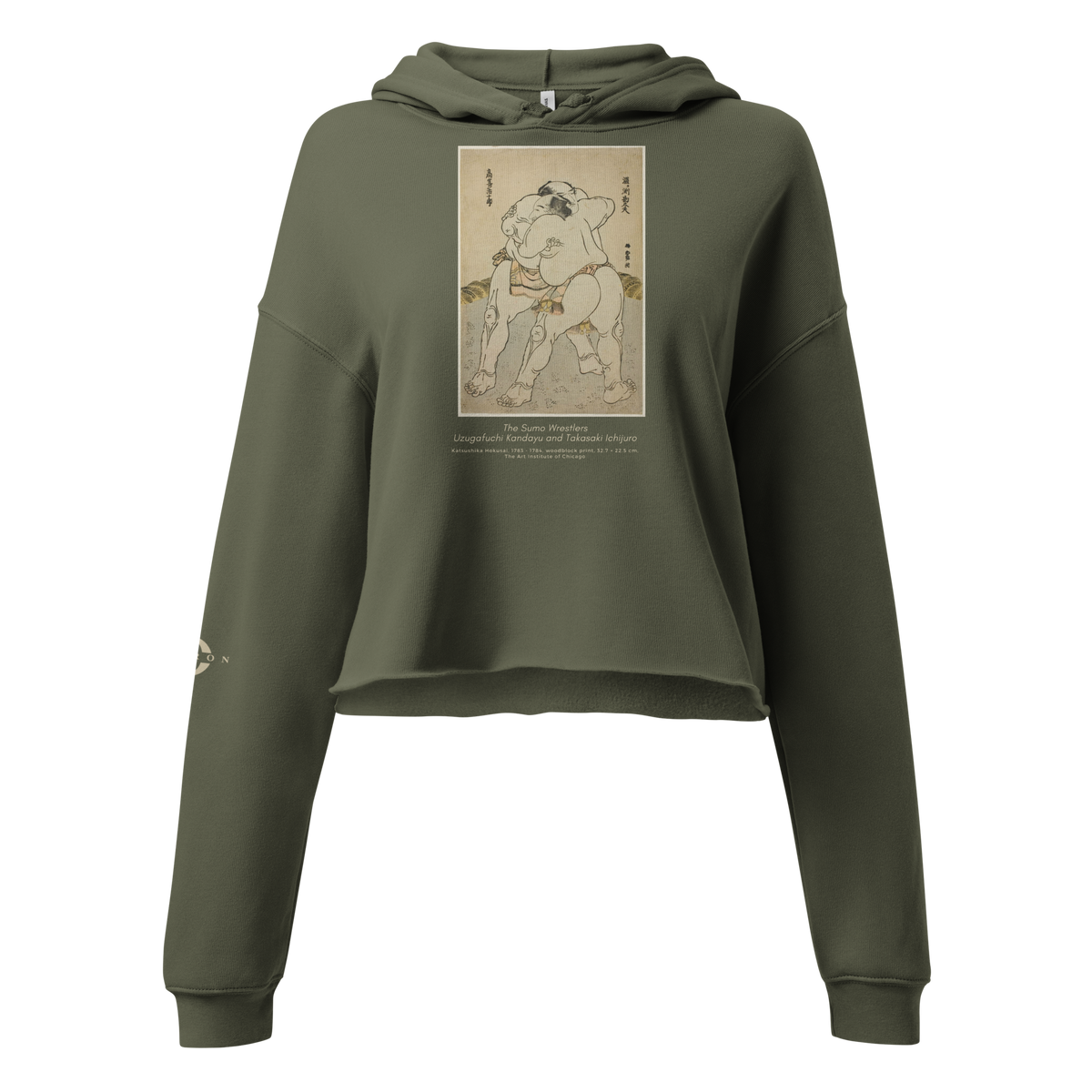 Hoodie femme Euphron « The sumo wrestlers Uzugafuchi Kandayu and Takasaki Ichijuro, Hokusai », coloris kaki : estampe de lutteurs de sumo par Hokusai – vue de face