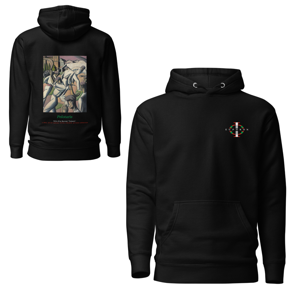 Euphron hoodie “Pelotaris, Tobeen” in black: Les Pelotaris, painting by Tobeen – front and back views
