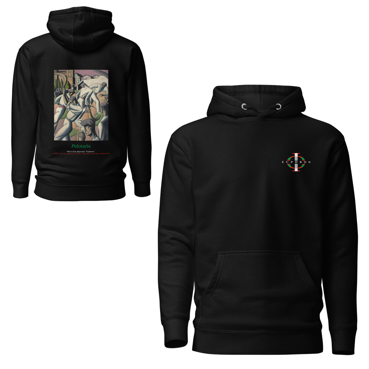 Euphron hoodie “Pelotaris, Tobeen” in black: Les Pelotaris, painting by Tobeen – front and back views