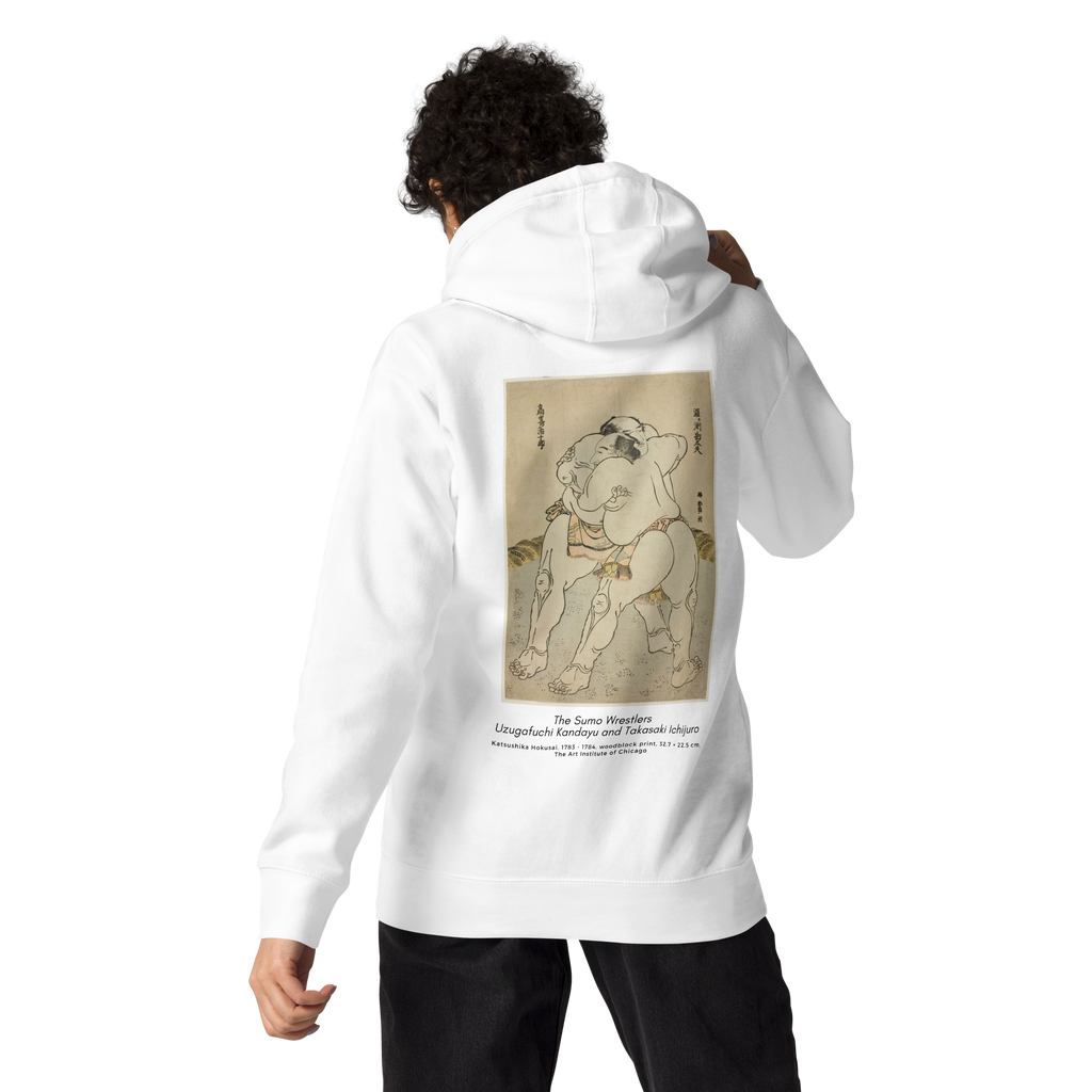 Hoodie Euphron « The sumo wrestlers Uzugafuchi Kandayu and Takasaki Ichijuro, Hokusai », coloris blanc : estampe de lutteurs de sumo par Hokusai – vue de dos