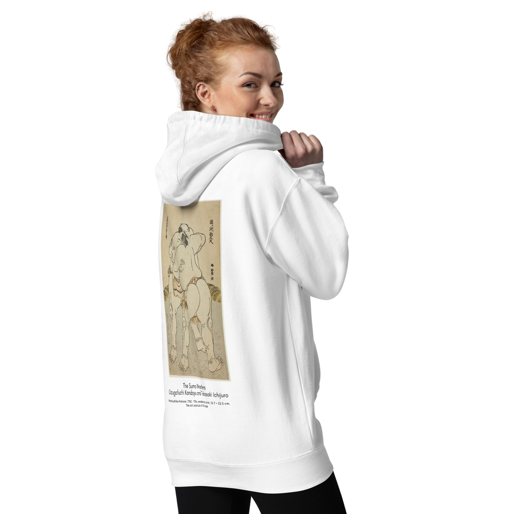 Hoodie Euphron « The sumo wrestlers Uzugafuchi Kandayu and Takasaki Ichijuro, Hokusai », coloris blanc : estampe de lutteurs de sumo par Hokusai – vue de dos