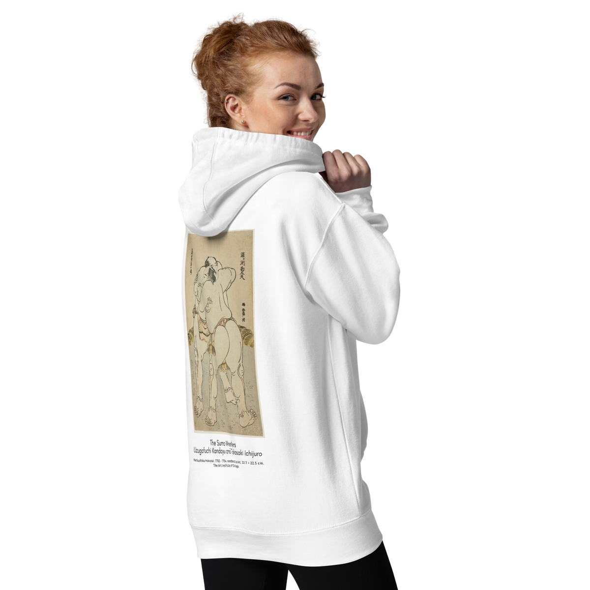 Hoodie Euphron « The sumo wrestlers Uzugafuchi Kandayu and Takasaki Ichijuro, Hokusai », coloris blanc : estampe de lutteurs de sumo par Hokusai – vue de dos