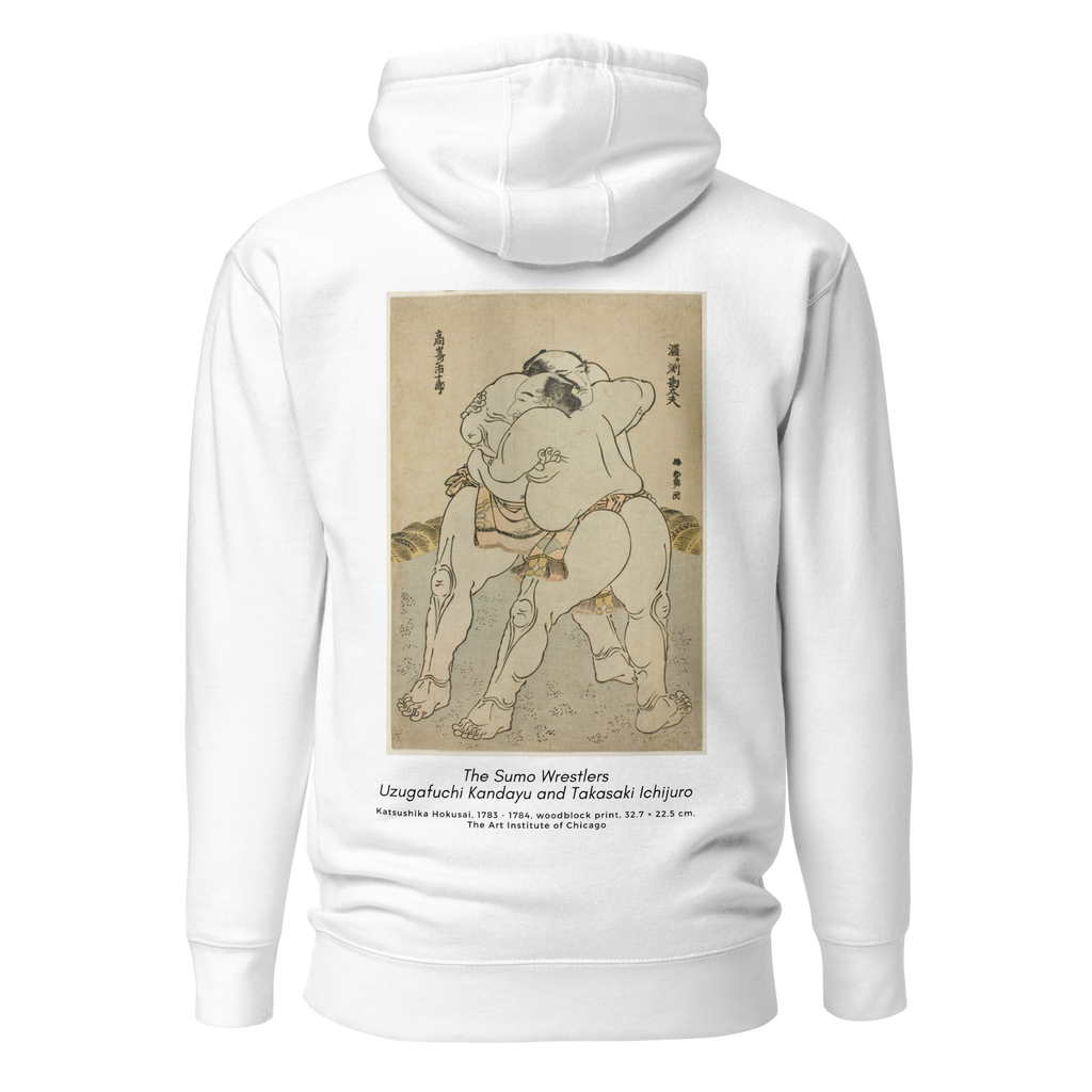 Hoodie Euphron « The sumo wrestlers Uzugafuchi Kandayu and Takasaki Ichijuro, Hokusai », coloris blanc : estampe de lutteurs de sumo par Hokusai – vue de dos