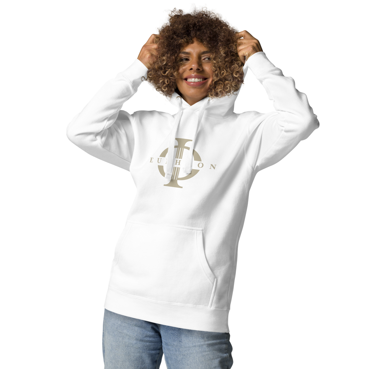 Hoodie Euphron « The sumo wrestlers Uzugafuchi Kandayu and Takasaki Ichijuro, Hokusai », coloris blanc : estampe de lutteurs de sumo par Hokusai – vue de face