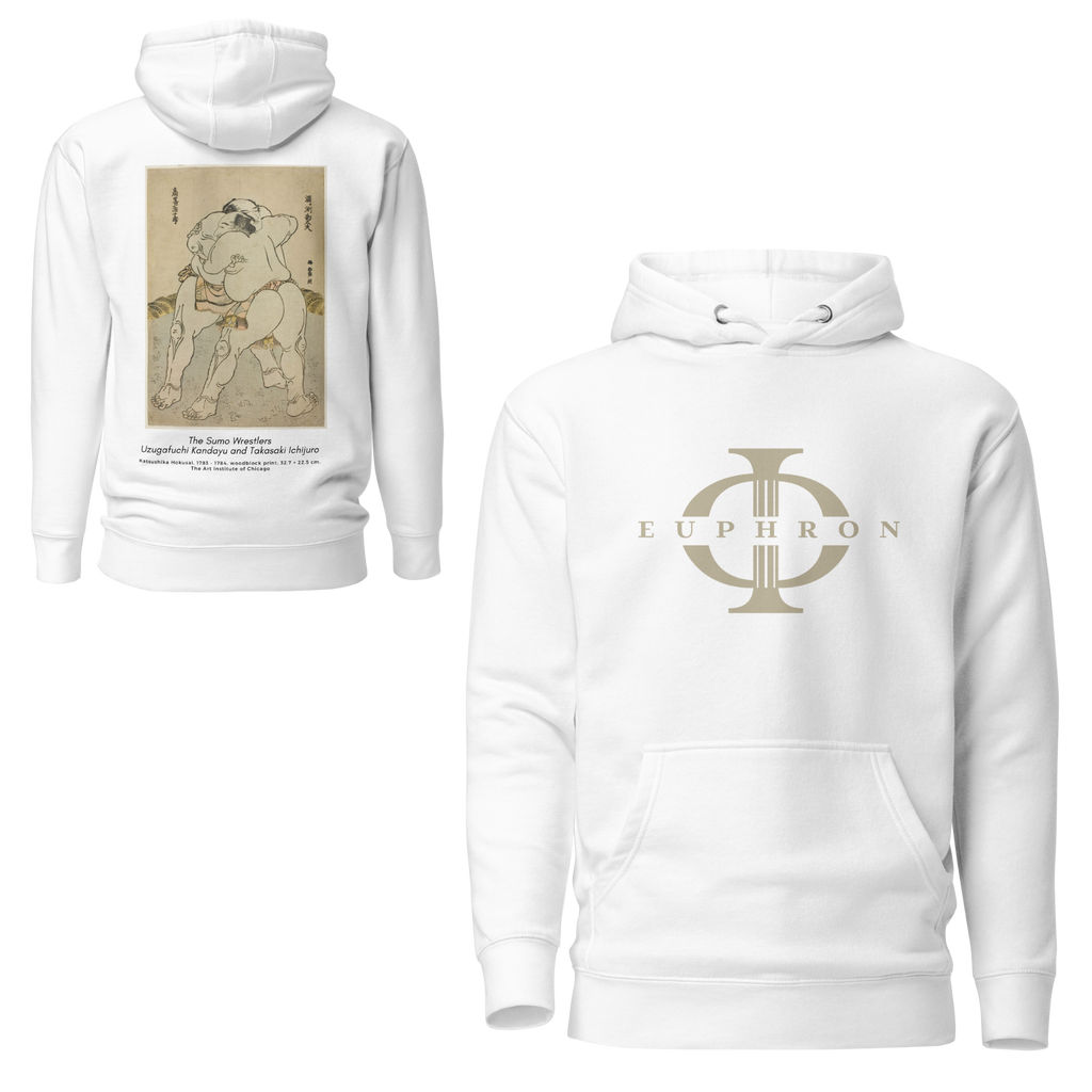Hoodie Euphron « The sumo wrestlers Uzugafuchi Kandayu and Takasaki Ichijuro, Hokusai », coloris blanc : estampe de lutteurs de sumo par Hokusai