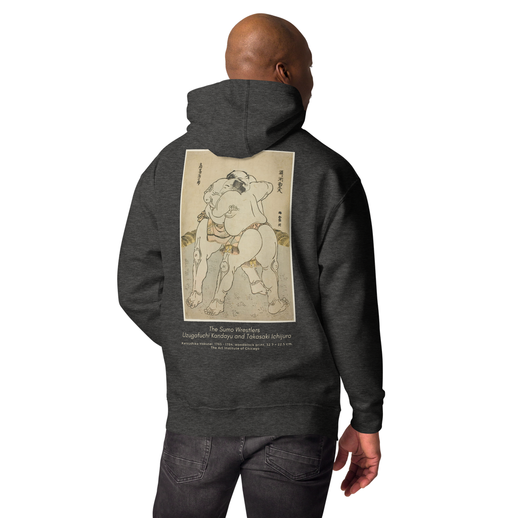 Hoodie Euphron « The sumo wrestlers Uzugafuchi Kandayu and Takasaki Ichijuro, Hokusai », coloris gris : estampe de lutteurs de sumo par Hokusai – vue de dos
