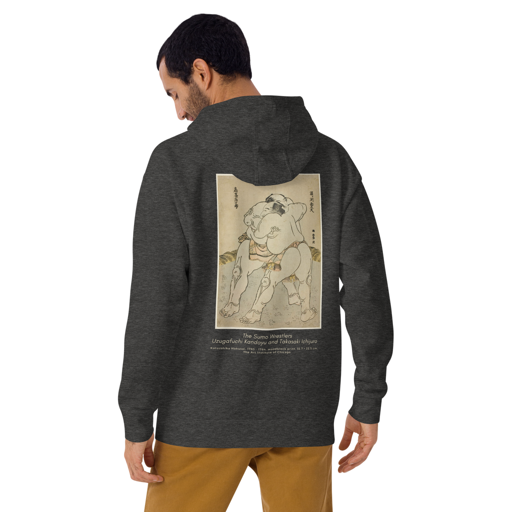 Hoodie Euphron « The sumo wrestlers Uzugafuchi Kandayu and Takasaki Ichijuro, Hokusai », coloris gris : estampe de lutteurs de sumo par Hokusai – vue de dos