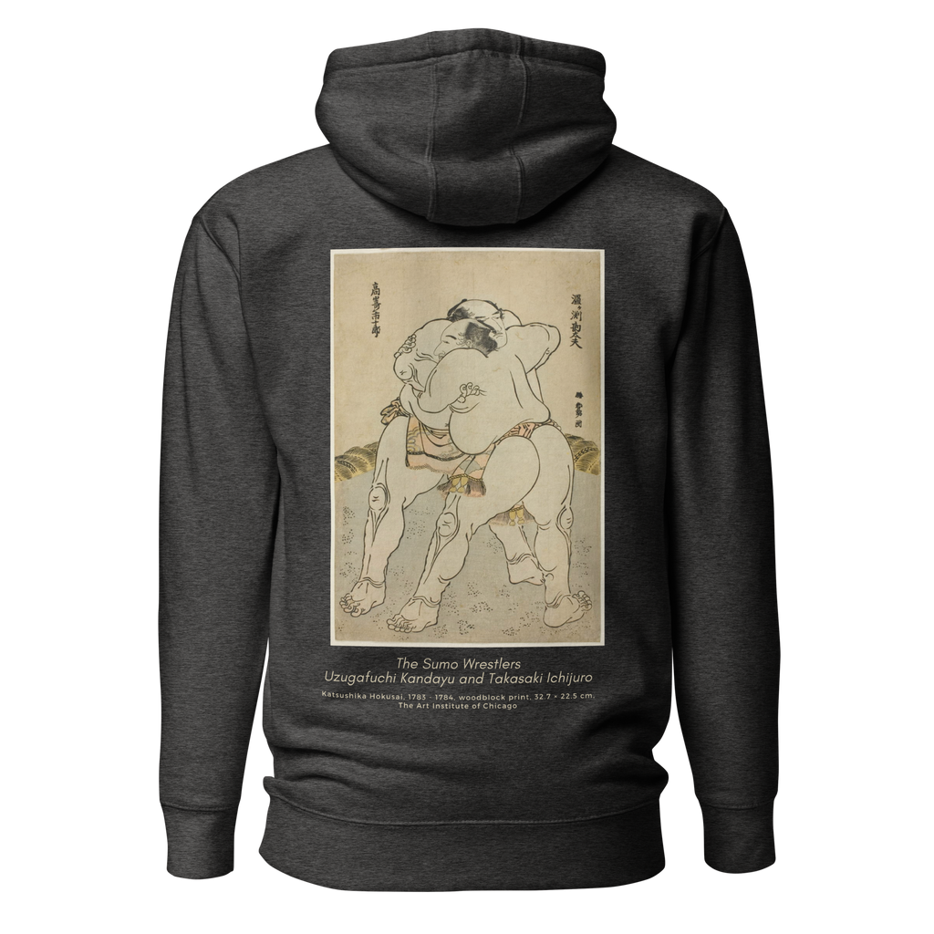 Hoodie Euphron « The sumo wrestlers Uzugafuchi Kandayu and Takasaki Ichijuro, Hokusai », coloris gris : estampe de lutteurs de sumo par Hokusai – vue de dos