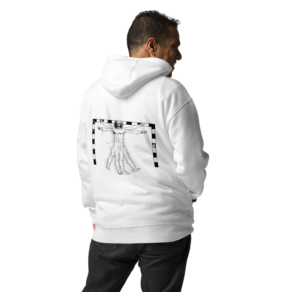 Hoodie Euphron « The Vitruvian Handball Goalkeeper », coloris blanc : L'Homme de Vitruve de Léonard de Vinci en gardien de handball – vue de dos