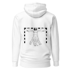 Hoodie Euphron « The Vitruvian Handball Goalkeeper », coloris blanc : L'Homme de Vitruve de Léonard de Vinci en gardien de handball – vue de dos